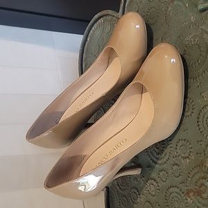 Nude or camel colored patent leather pumps by Franco Sarto